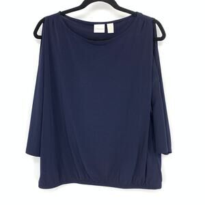 Chicos Cold Shoulder Boatneck Top Womens Size 0 US Small Navy Blue Stretch